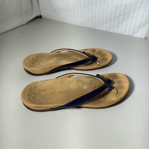 Vionic Bella Navy Blue Patent Leather Flip Flop Sandals Women’s Size 10 Lizard - Picture 3 of 7